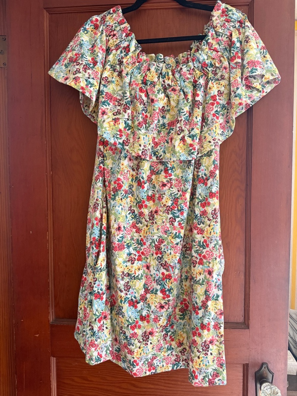 H&M Yellow Floral Off-Shoulder Dress with Red & Green Accents